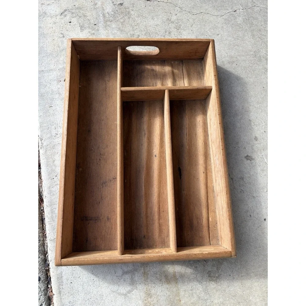 Vintage Wooden Trinket Riser Organizer Utensil Divider Tray Primitive Dovetail